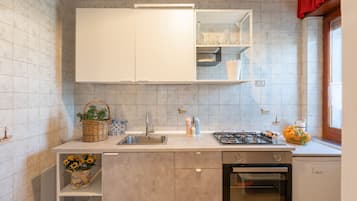 Een koelkast, een magnetron, een oven, een kookplaat