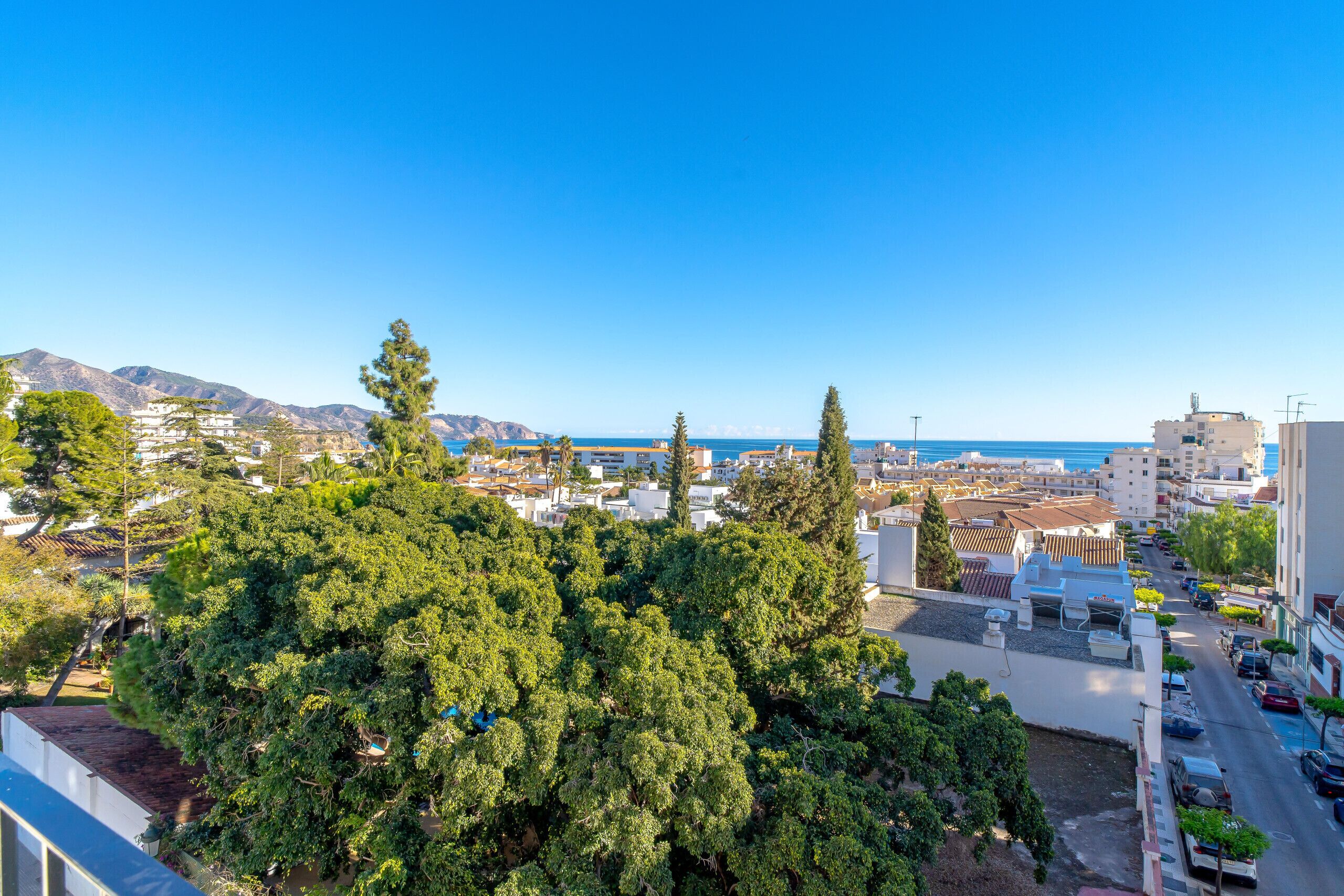 A coastal cityscape with buildings, trees, and a clear blue sky.