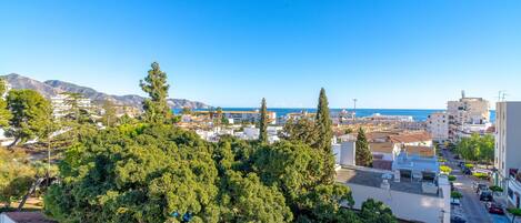 A coastal cityscape with buildings, trees, and a clear blue sky.