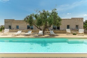 Un espace piscine avec des chaises longues et un arbre au centre.
