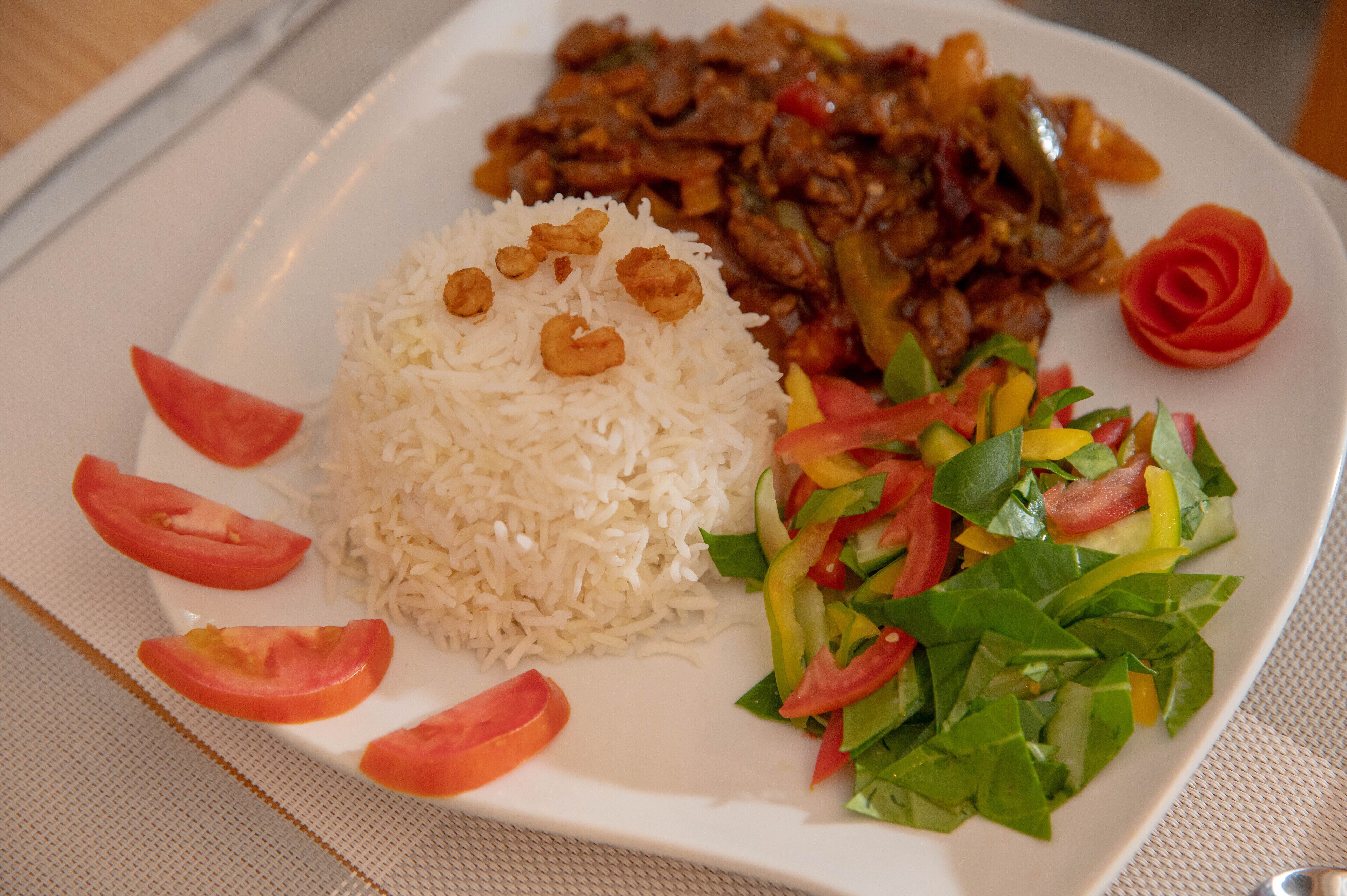 A plate of food with rice, a meat dish, and a vegetable salad.