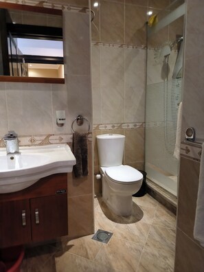 Shower, towels, soap, toilet paper