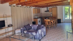 Ein kompakter Wohnbereich mit einer Couch, einem Fernseher, einer Küchenzeile mit Mikrowelle und Waschmaschine sowie einem Esstisch mit Stühlen.