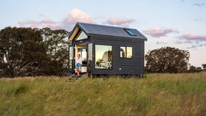 A small, dark-colored cabin with a sloped roof and a visible skylight. - Tiny Charlotte - Southern Tablelands (Dalton)