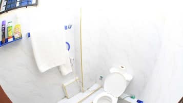 Deluxe-studiolejlighed | Badeværelse | Bruser, gratis toiletartikler, hjemmesko, bidet