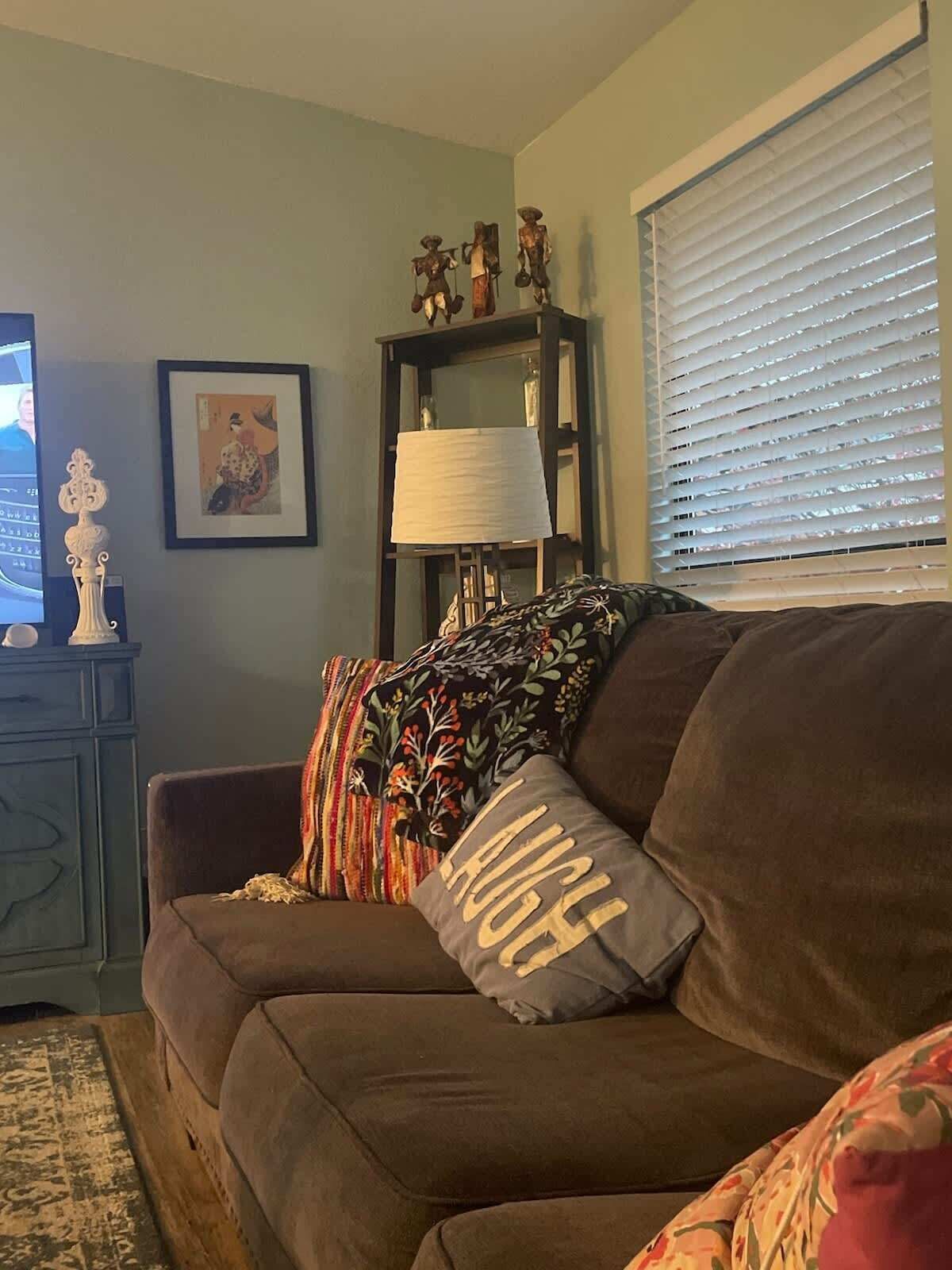 A living room with a brown sofa, a patterned throw pillow, a framed picture, a lamp, and a window with blinds.