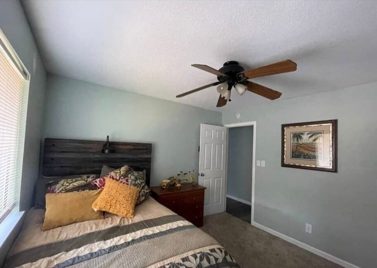 A bedroom with a bed, a ceiling fan, a door, and a framed picture on the wall.
