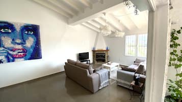 Smart TV, chimenea, libros y estéreo