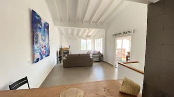 Smart TV, fireplace, books, stereo