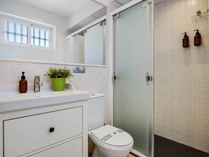 Dusche, Haartrockner, Handtücher, Shampoo