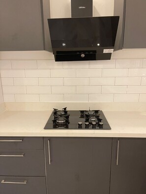 Fridge, microwave, dining tables