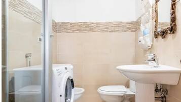 Shower, hair dryer, bidet, towels
