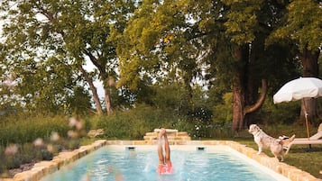 Une piscine entourée de carreaux de pierre, avec un chien à proximité et un parasol blanc en arrière-plan.