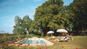 A swimming pool surrounded by grass and trees, with lounge chairs and umbrellas. - Maison Lou Piade (Sarlat-la-Canéda)