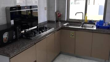 Elite Apartment | Private kitchen | Fridge, microwave, cookware/dishes/utensils