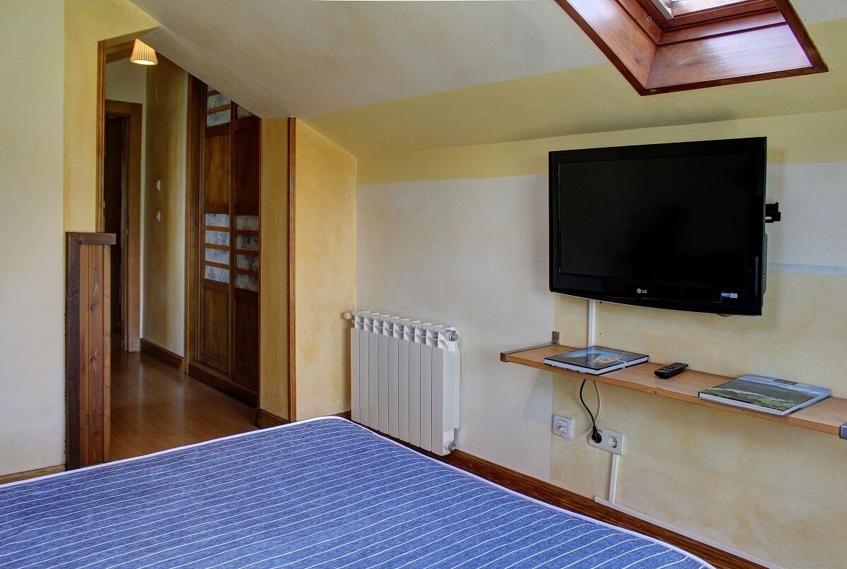 A room with a bed, a TV mounted on the wall, a radiator, and a skylight.