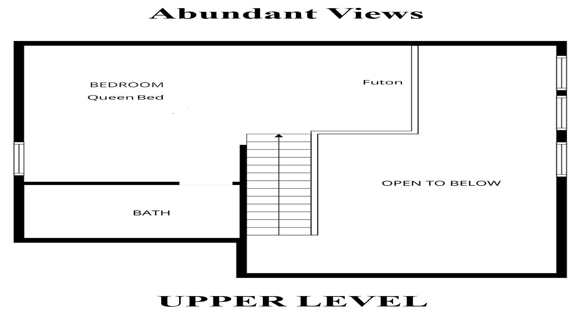 A floor plan of a hotel room on the upper level with a queen bed in the bedroom, a futon, a bath, and an open area to the below level.