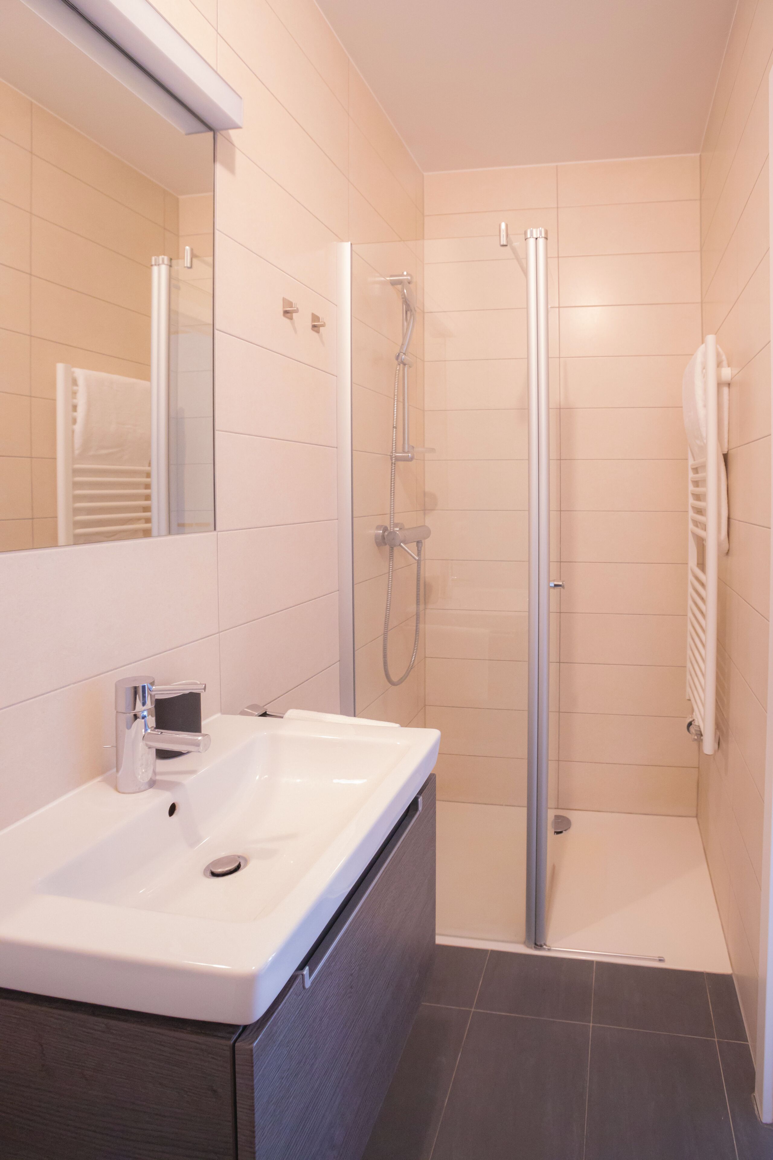 A modern bathroom with a white sink, a glass shower enclosure, and a mirror.