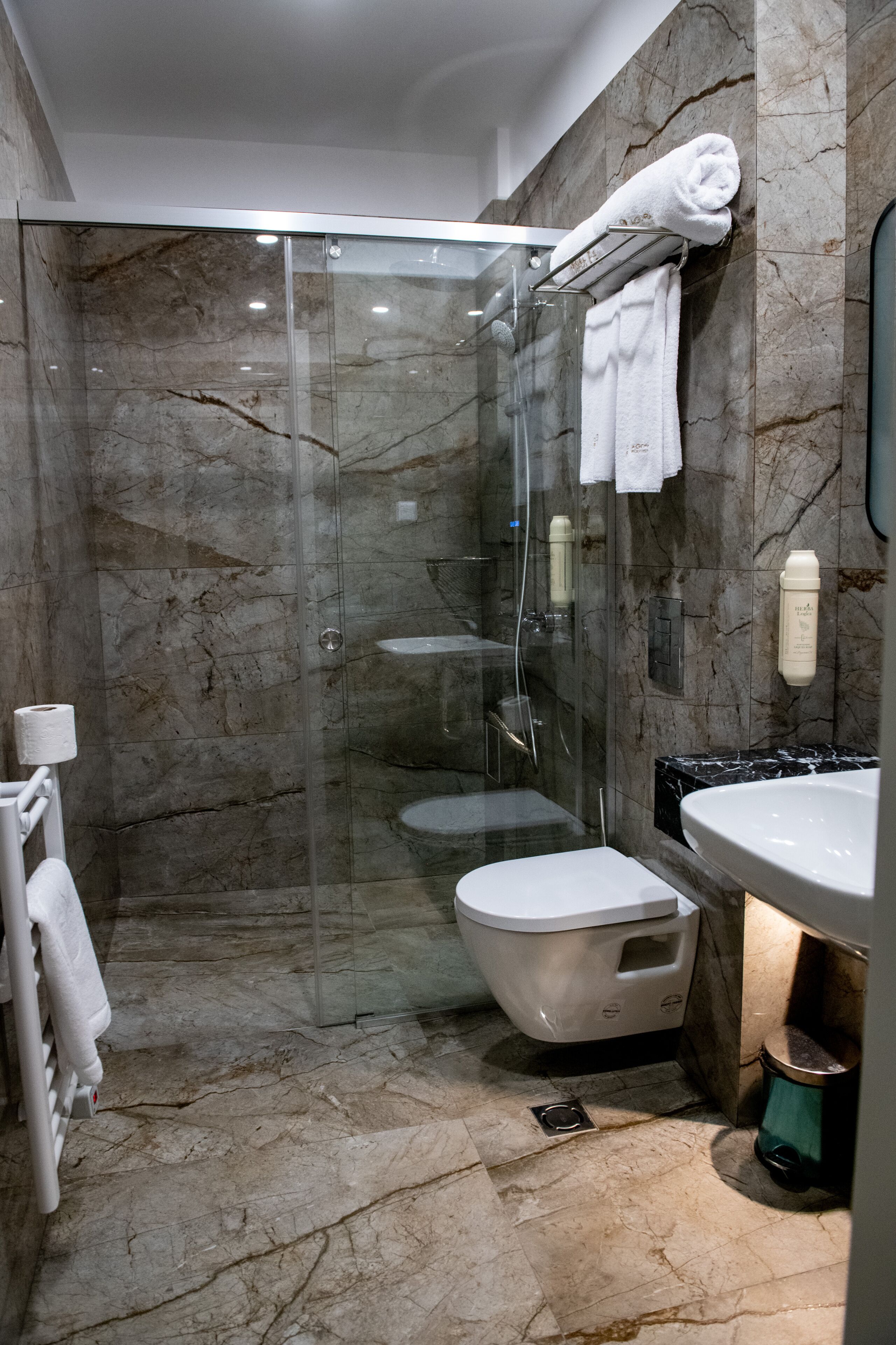Een moderne badkamer met een douche in een glazen cabine, toilet en wastafel.