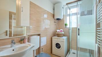 Shower, hair dryer, towels