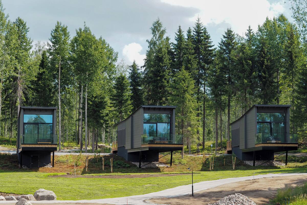 A modern cabin with a glass facade, elevated on stilts, surrounded by a forest.