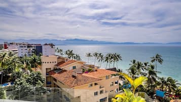 Vista costera con edificios, palmeras y cielo despejado.