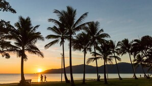 A beach with palm trees and a sunset. - Belle Escapes - 405 Harbour Lights (Cairns City)