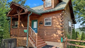 A log cabin with a porch, a green door, and a number sign '4185'.