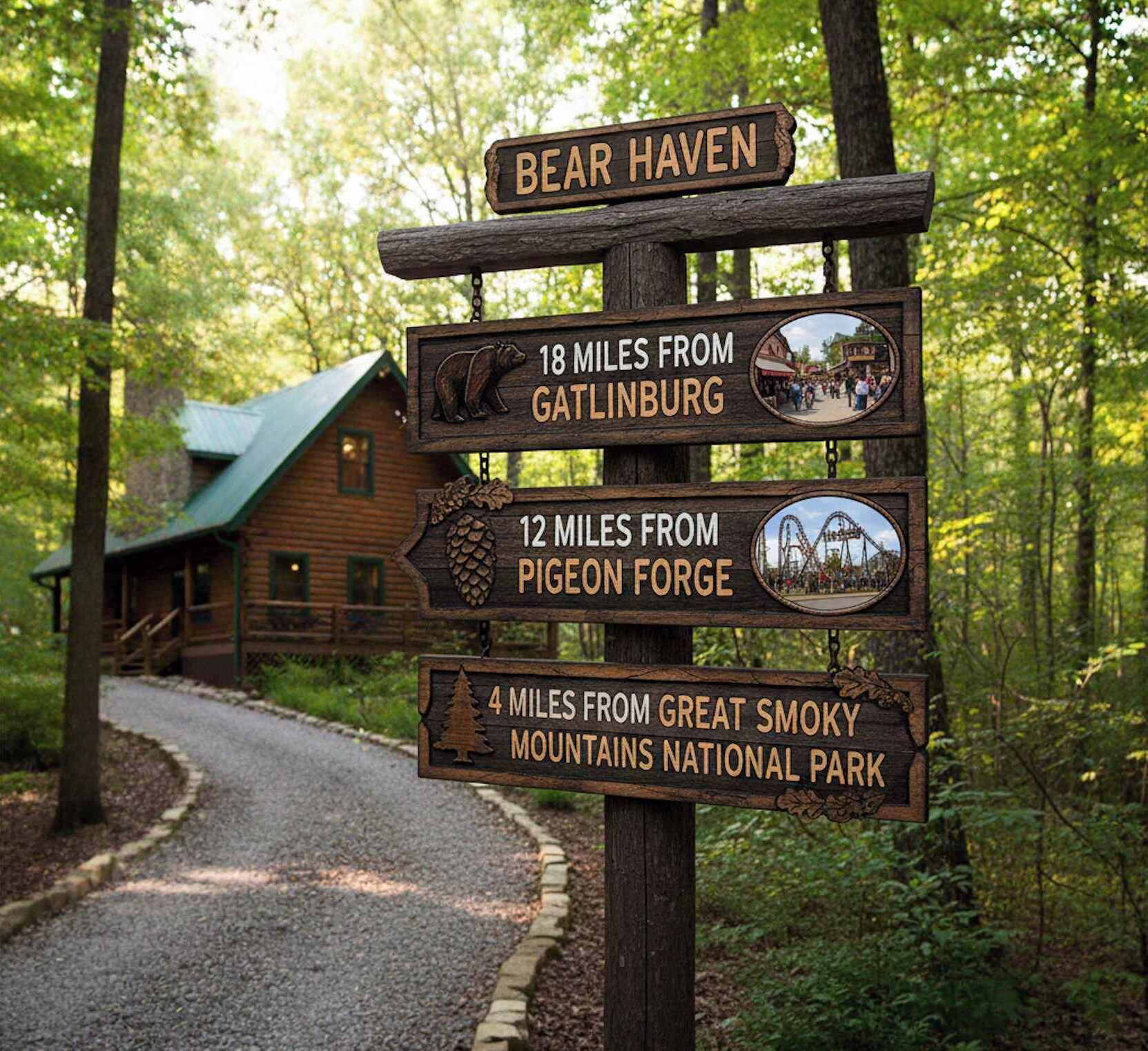 Un letrero de madera con indicaciones de distancia a Gatlinburg, Pigeon Forge y Parque Nacional de las Montañas Humeantes.
