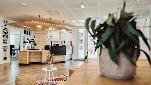 A modern reception area with a wooden desk, a small plant, and a colorful rug. - UXCO Kabane Montpellier (Lattes)