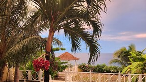 A garden with palm trees, a gazebo, and a view of the sea. - Oasis Palms Luxury Villa (Tower Isle)