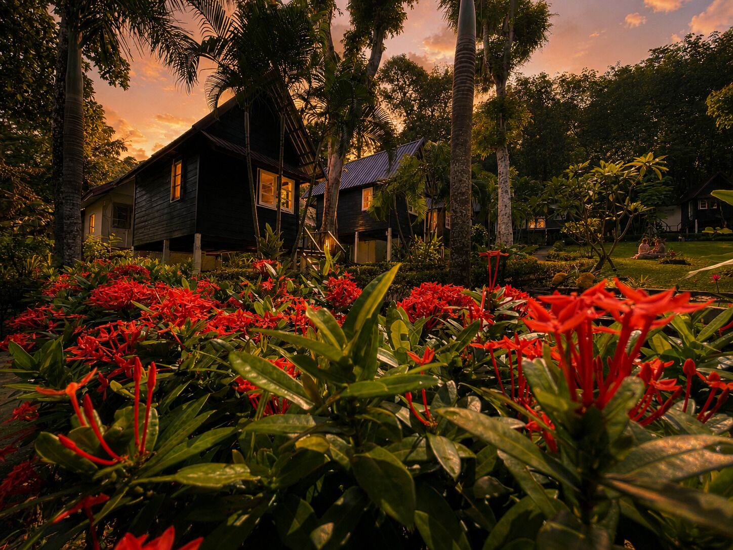 A house surrounded by lush greenery and red flowers.