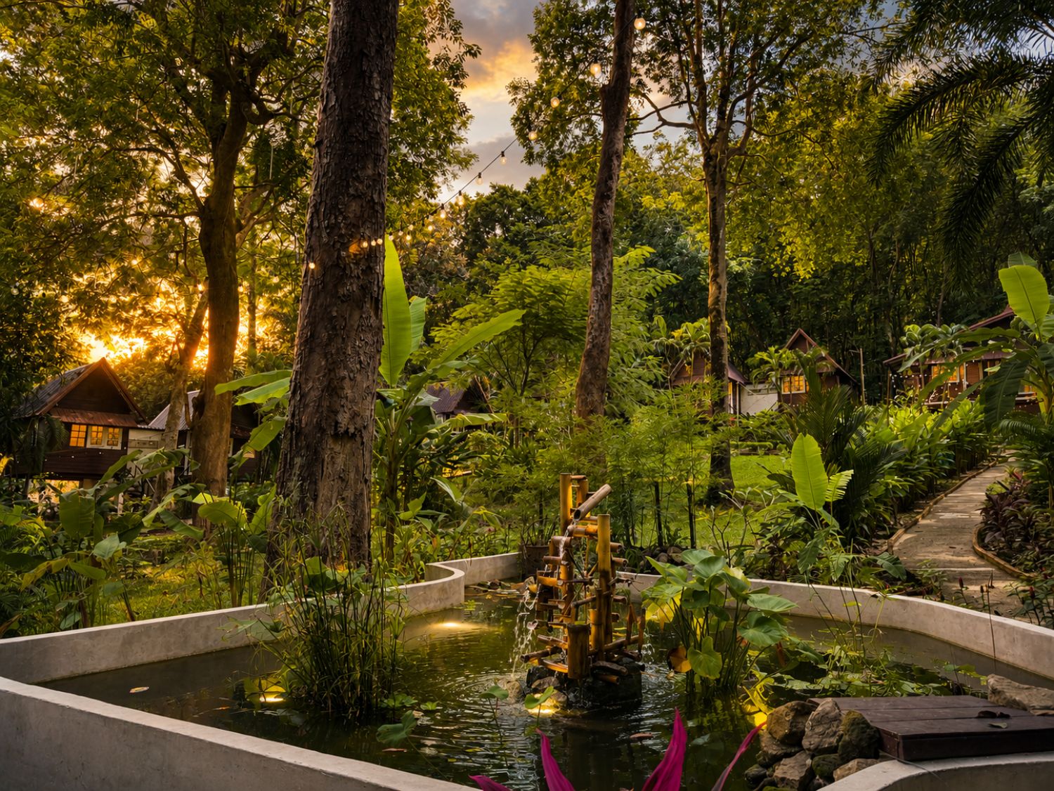 Een rustige tuin met een vijver, omgeven door weelderige begroeiing en gebouwen in traditionele stijl.