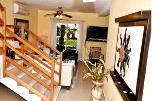 Smart TV, DVD player, livros, biblioteca musical
