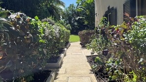 Un chemin bordé de parterres surélevés où poussent différentes plantes, qui mène à un bâtiment à la façade blanche et aux volets noirs.