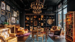 A room with a chandelier, leather chairs, a dining table, and a bookshelf.
