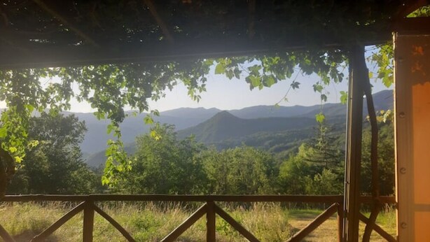 Blick von einer überdachten Außenbereits mit Holzwertung auf eine gebirgige Landschaft mit üppiger Vegetation.