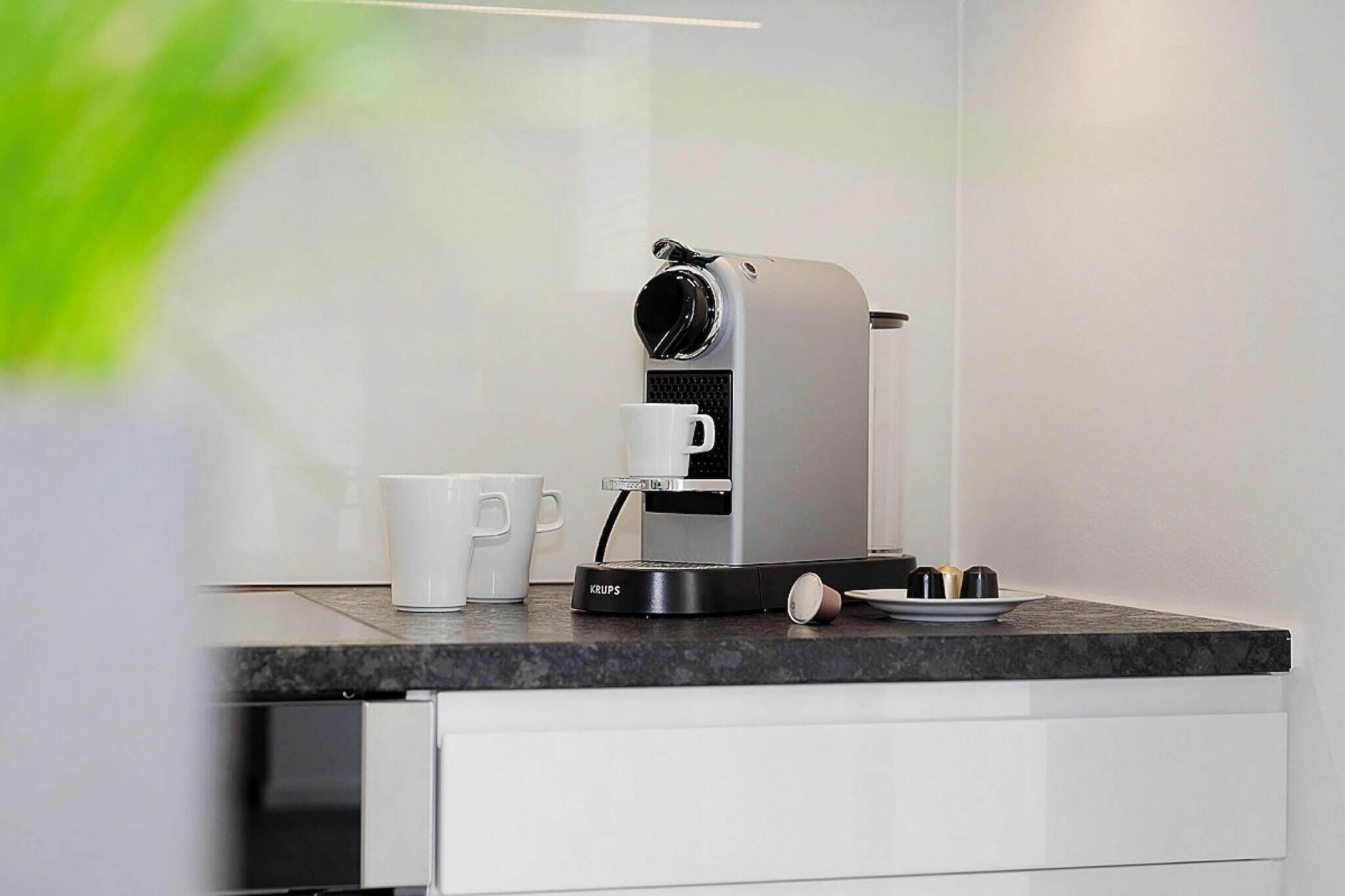 A modern kitchen with a coffee machine, a white mug, and a plate with food items.