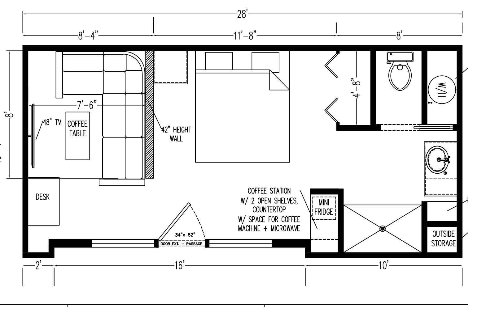 Ein Grundriss mit einer Kaffeestation, Fernseher, Couchtisch, Schreibtisch, Minikühlschrank und Stauraum.