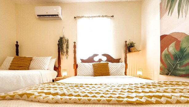 Une chambre avec un grand lit, une fenêtre avec un rideau, un climatiseur fixé au mur et une plante.