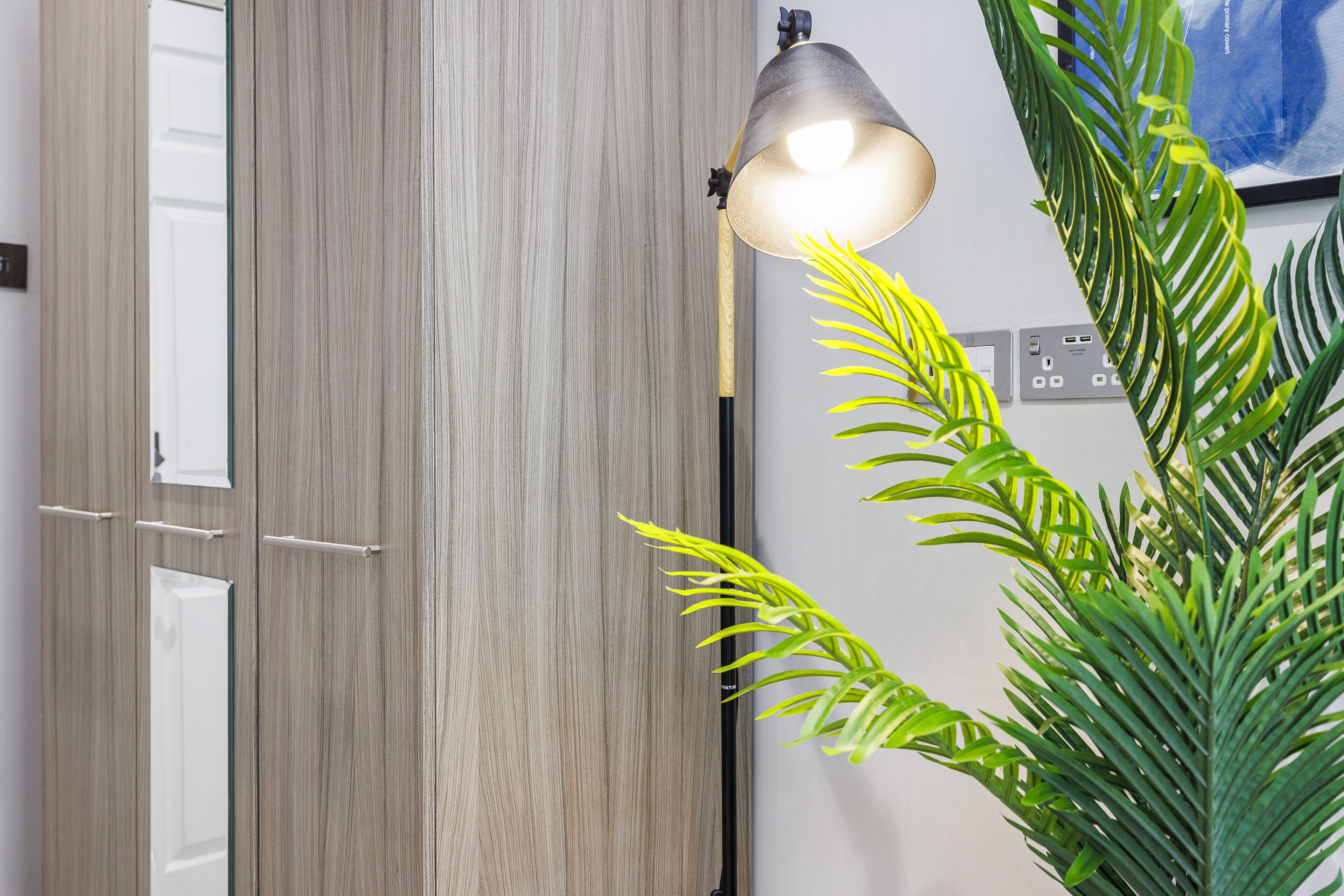 A wooden wardrobe with a mirror, a lamp, and a potted plant.
