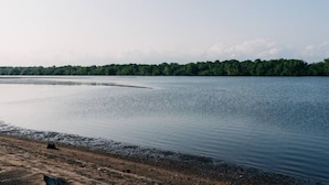 A calm lake with a sandy shore and a dense forest in the background. - NEW Bayfront Villa in Costa del Sol

 (El Zapote)