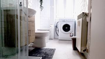 Shower, hair dryer, bidet, towels