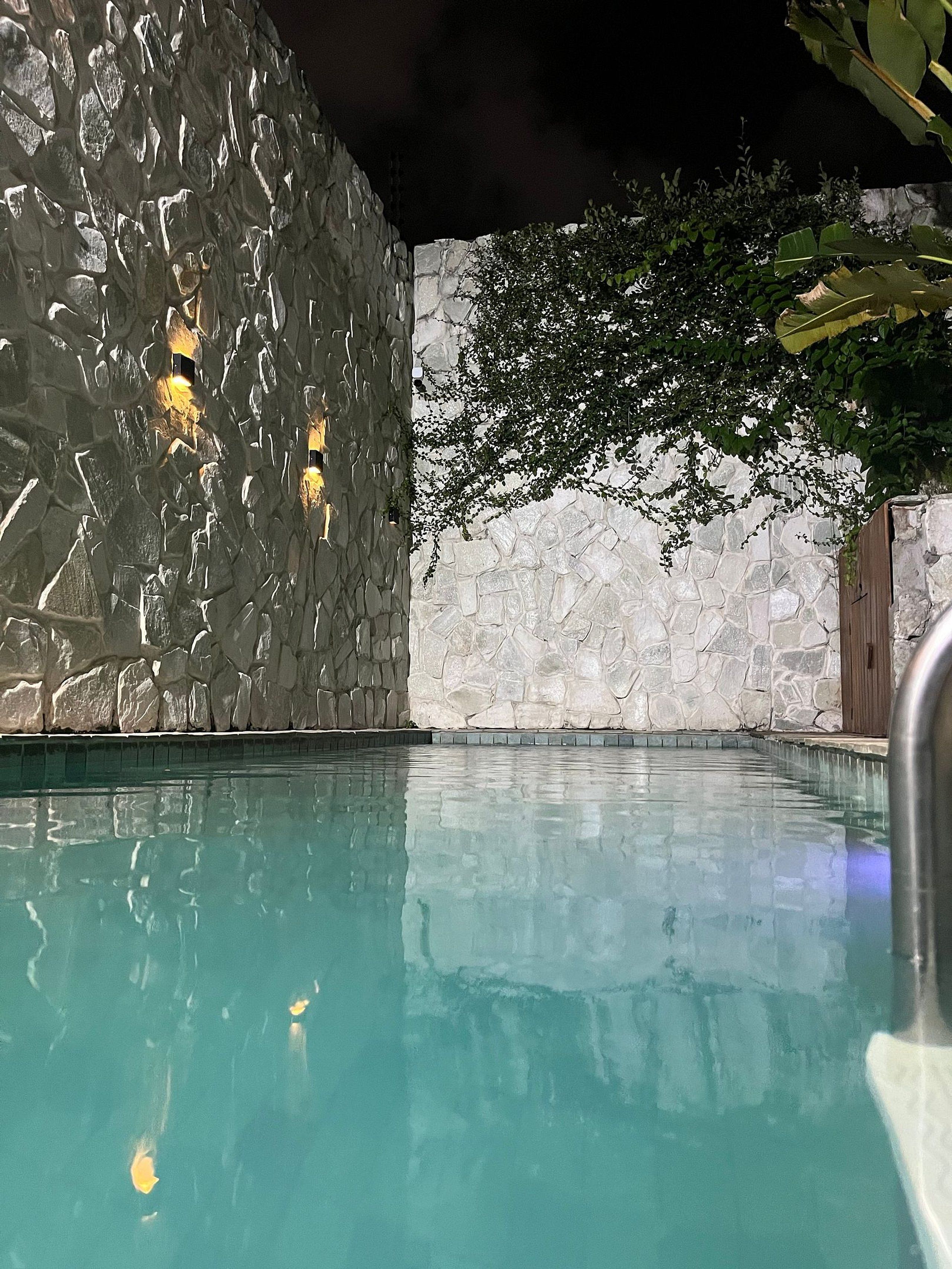 A swimming pool with a stone wall and a tree.