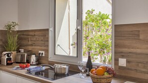 Fridge, microwave, oven, stovetop