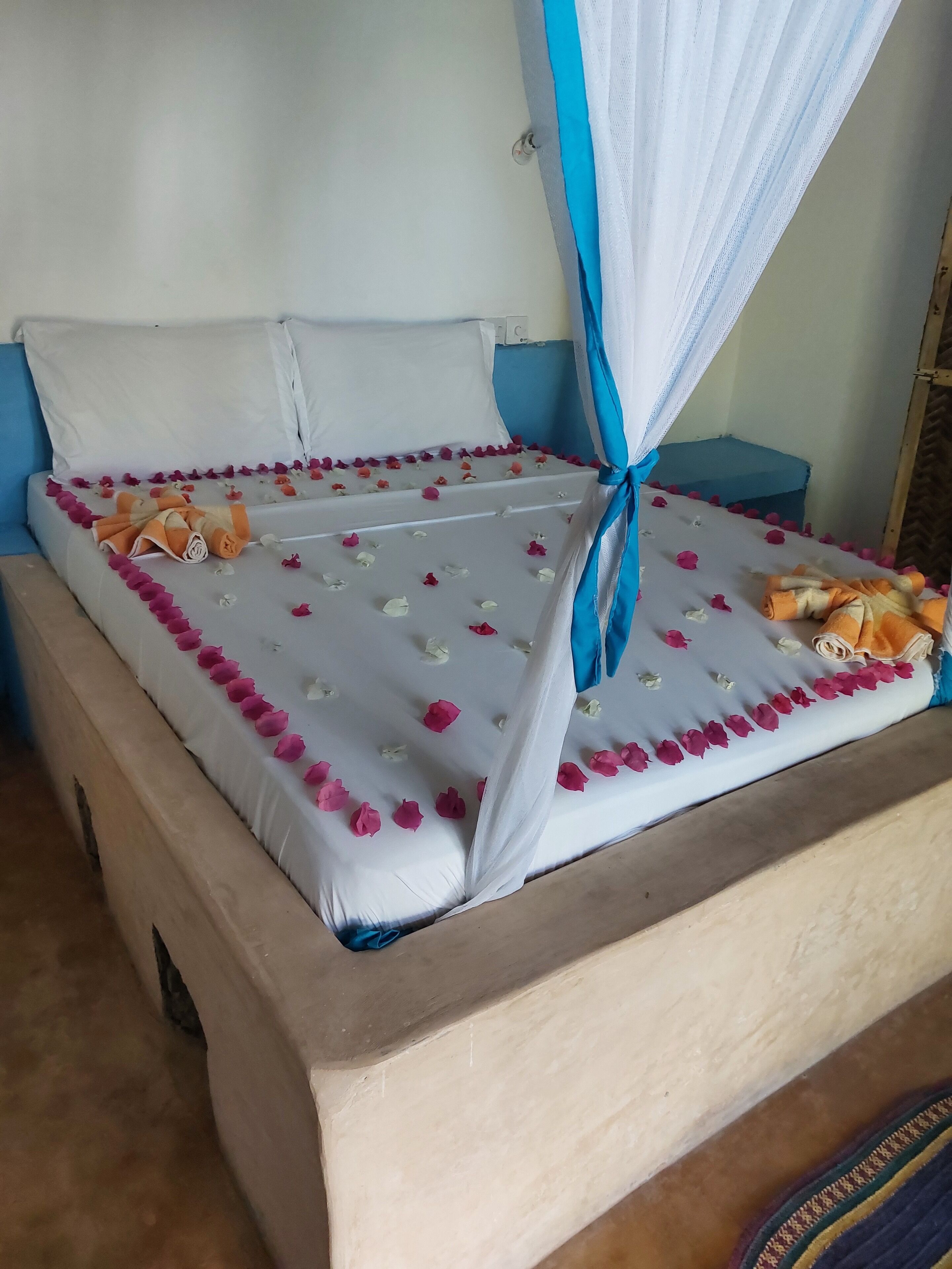 A bed with a canopy, pillows, and a blanket.