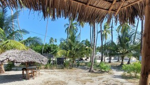 Une construction à toit de chaume, avec un sol sablonneux et des palmiers en arrière-plan.
