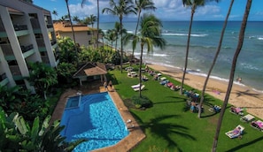 A hotel with a swimming pool, a beach with lounge chairs, and palm trees.