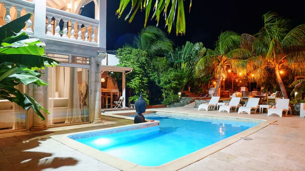 A swimming pool with lounge chairs, palm trees, and a statue. - Villa Kapresse du 978 (Marigot)