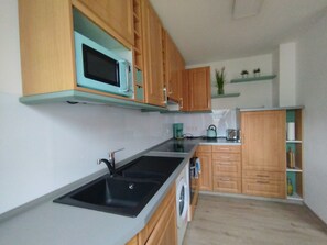 Fridge, microwave, oven, stovetop - Ruhige Apartment mit Terrasse im Zentrum Emdens (Emden)